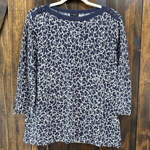 Talbots Women's 1x Navy Heart Print Knit Top 3/4 Sleeve Shoulder Button